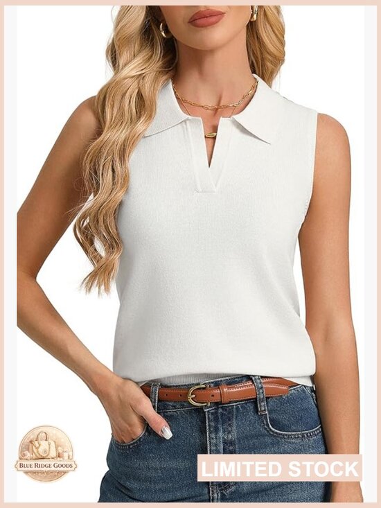 Tops - Wool Blend Knit Tank Top Sleeveless Polo Sweater Vest Business Casual Work Tops